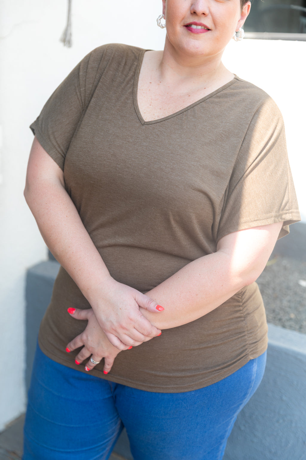 Curve-Brown-V-Neck-Batwing-Top-front-lifestyle