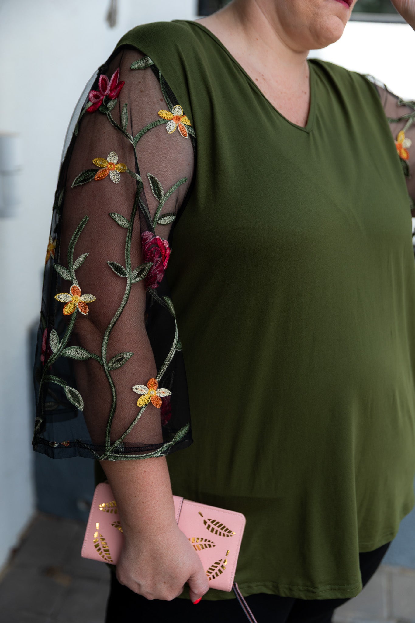 Curve-Olive-Green-V-Neck-Floral-Lace-Sleeve-Top-front-closeup