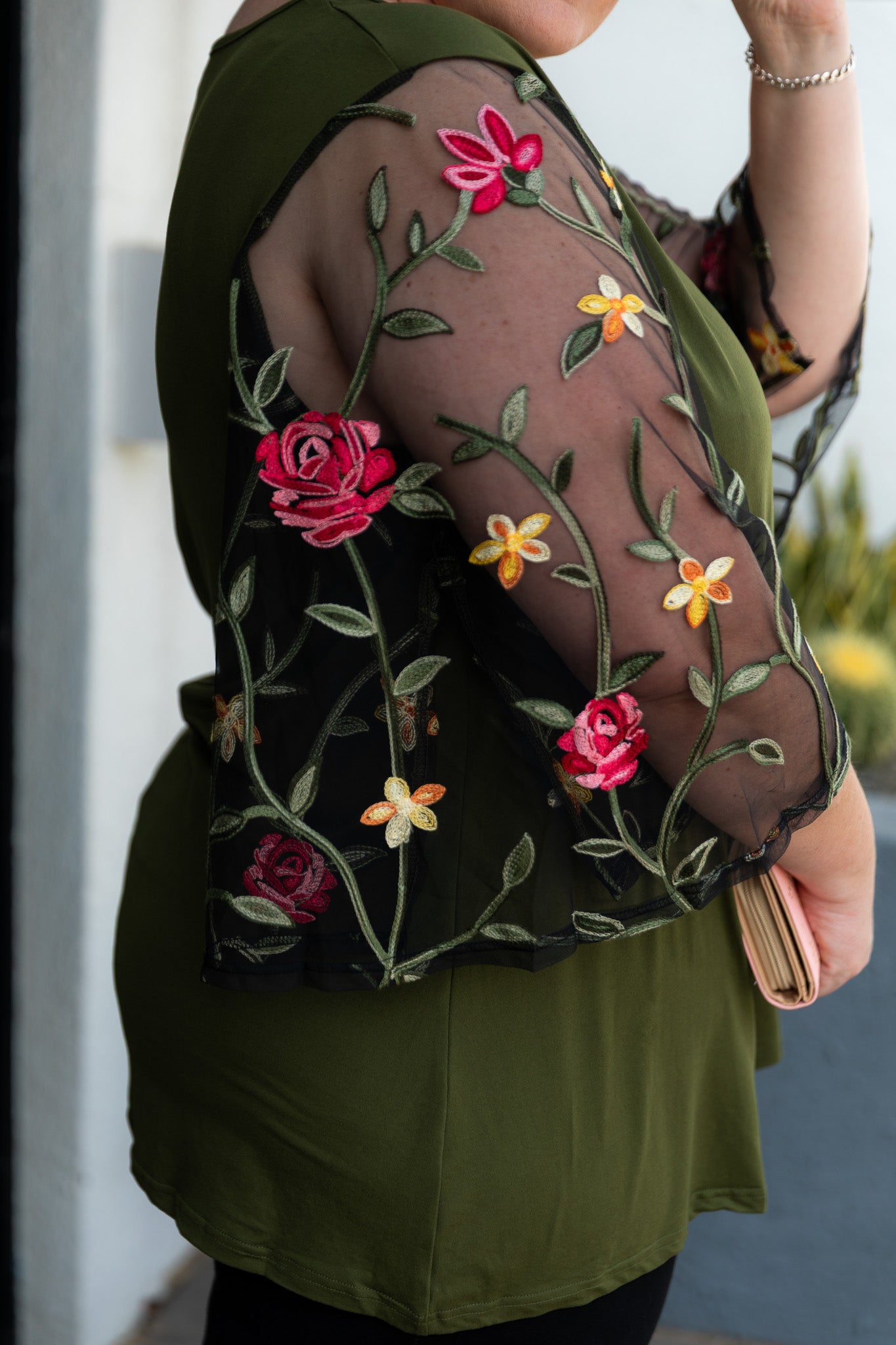 Curve-Olive-Green-V-Neck-Floral-Lace-Sleeve-Top-side-closeup