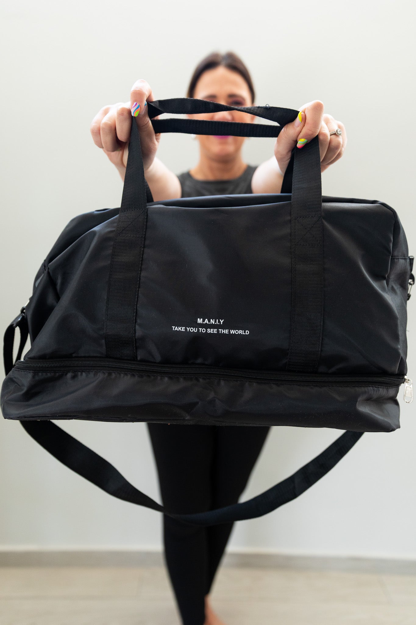 Duffel-Bag-with-Shoe-Compartment-black-front