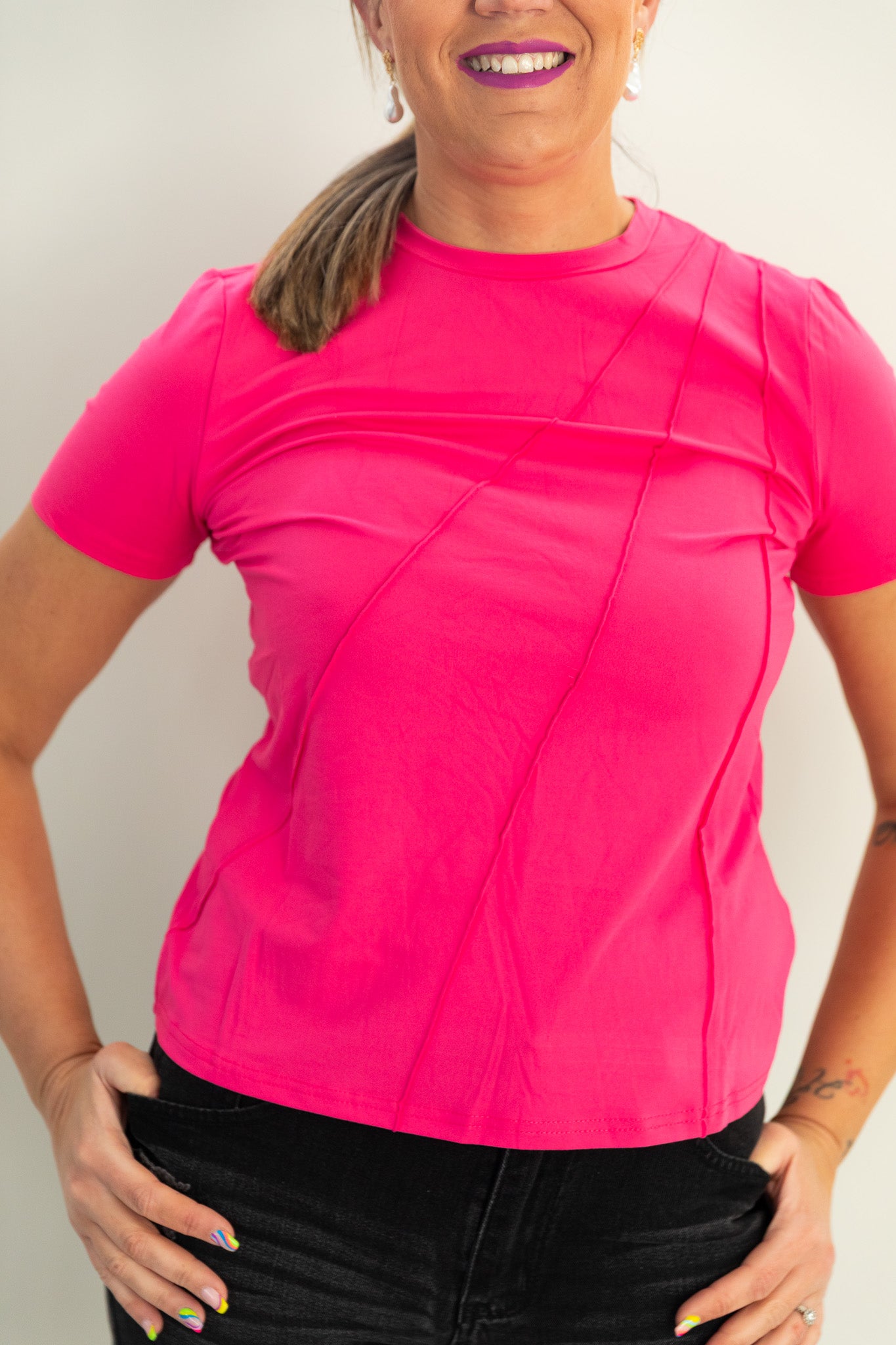 Hot-Pink-Pleated-Panel-tshirt-front