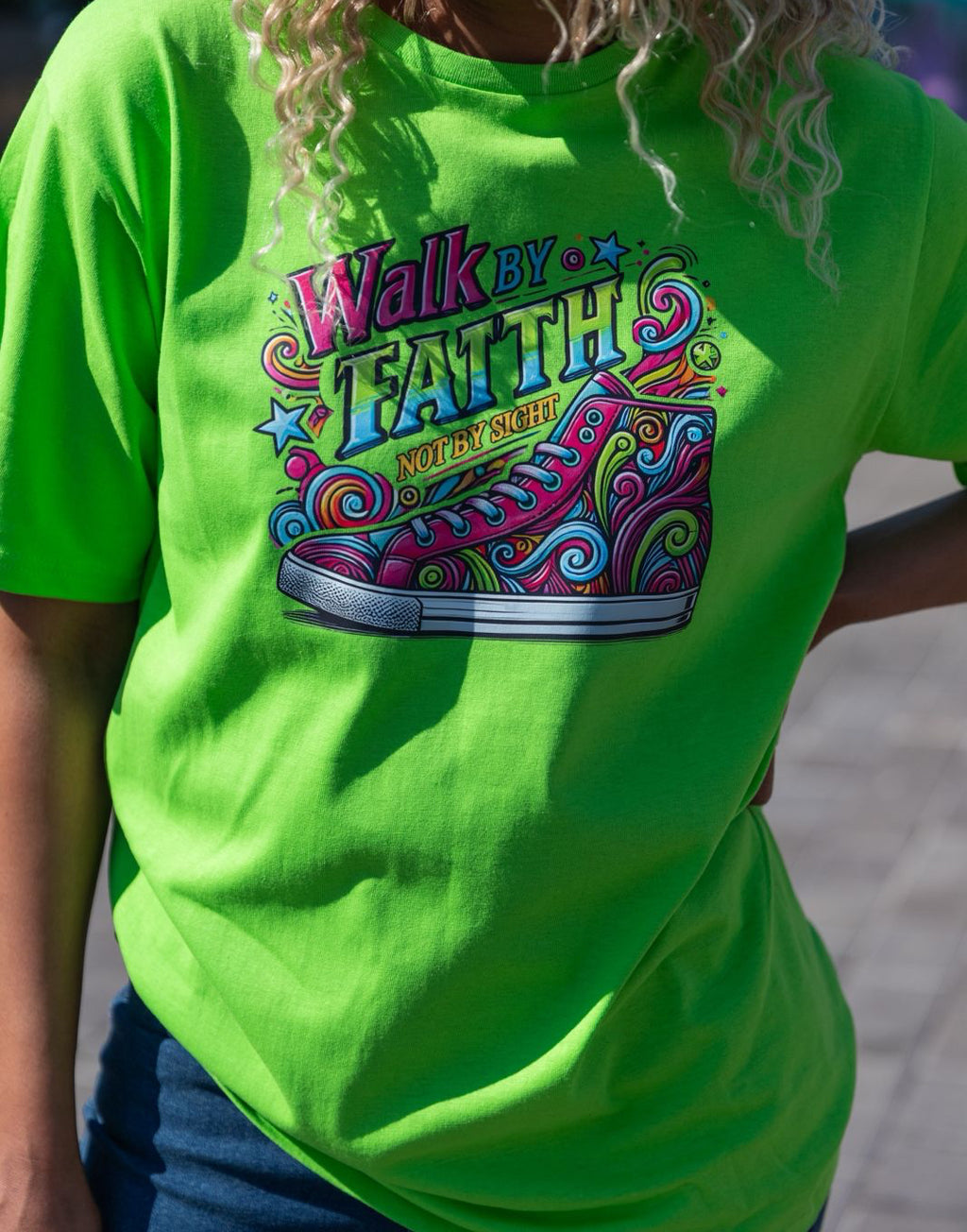 Neon-Green-Walk-by-Faith-Unisex-tshirt-front-detail