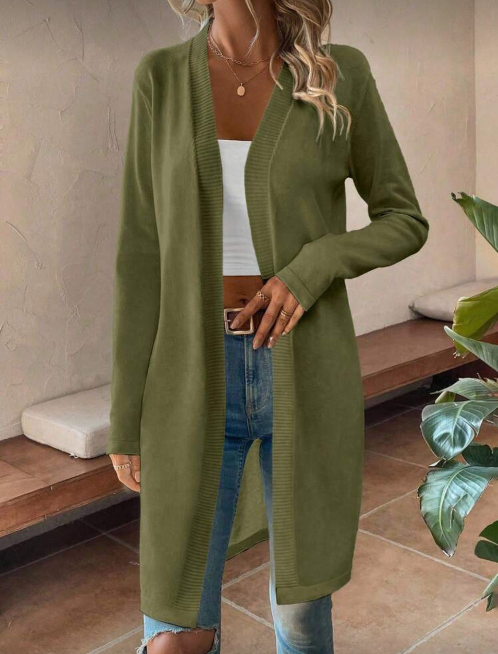 Olive-longline-Layering-Cardigan-front