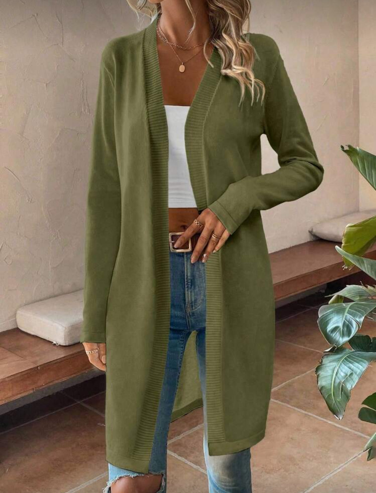 Olive-longline-Layering-Cardigan-front