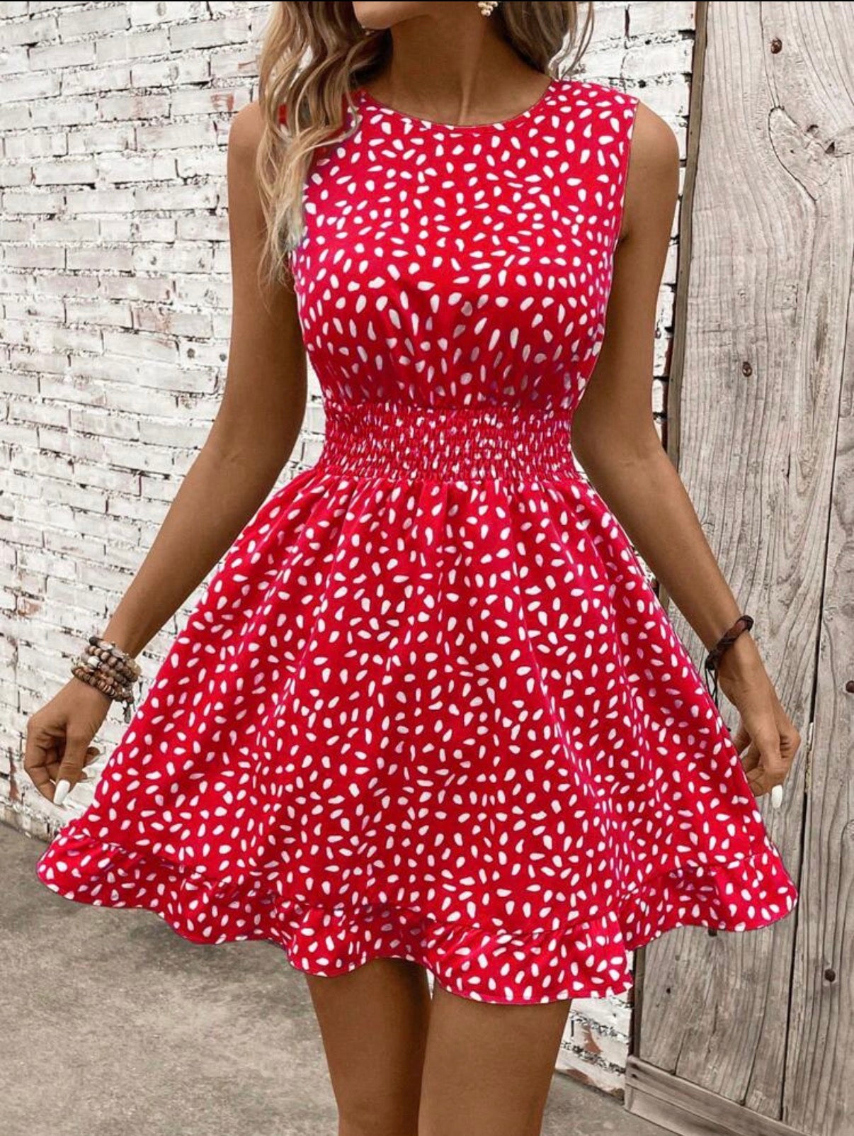 Red-Smocked-Waist-Sleeveless-Mini-Dress-front