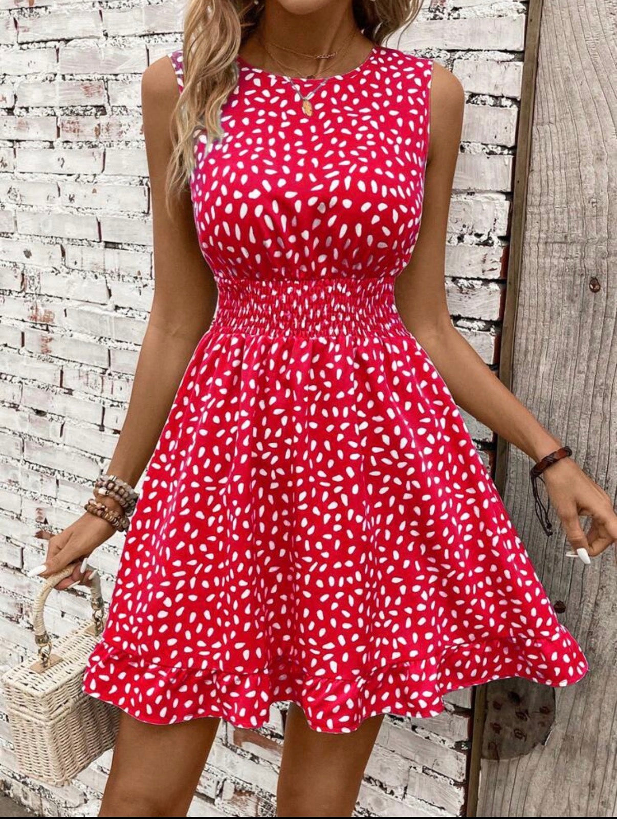 Red-Smocked-Waist-Sleeveless-Mini-Dress-front2