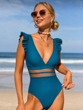 Ruffle-V-Neck-teal-One-Piece-Swimsuit-front