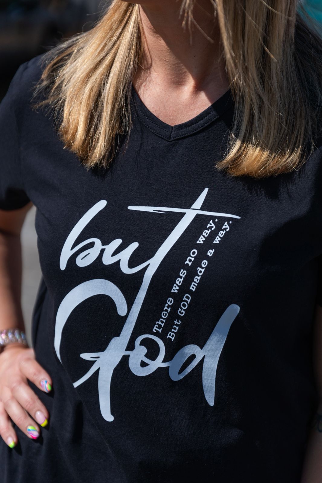 faith-in-fashion-But-God-V-Neck-Tshirt-front-detail