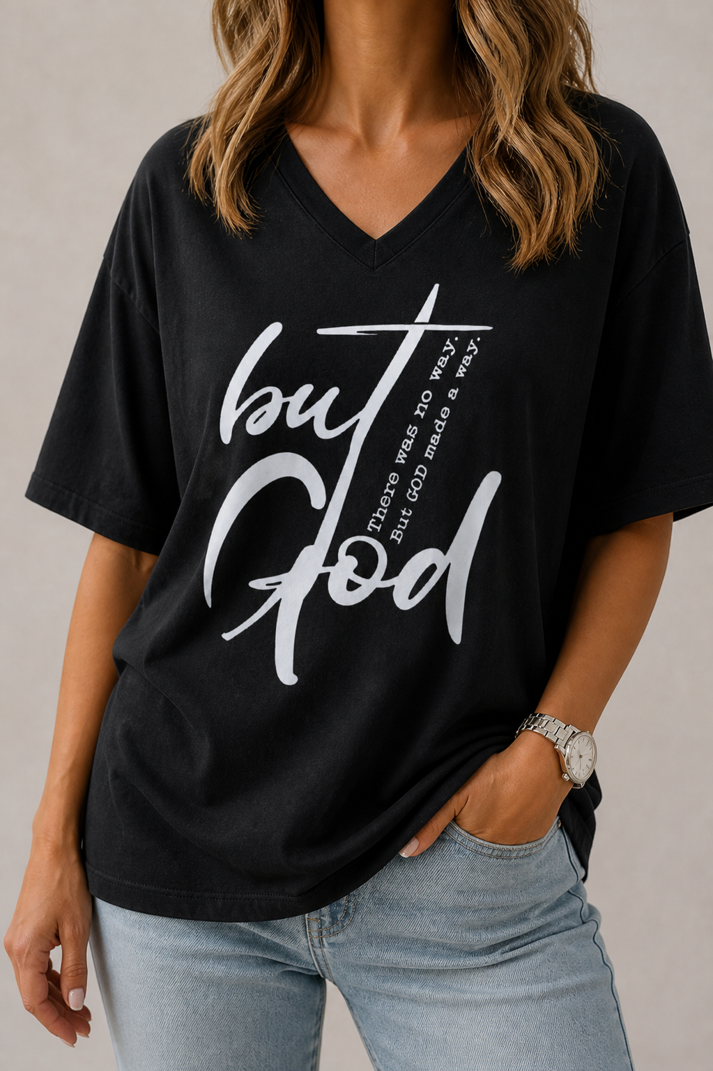 faith-in-fashion-But-God-V-Neck-Tshirt-front