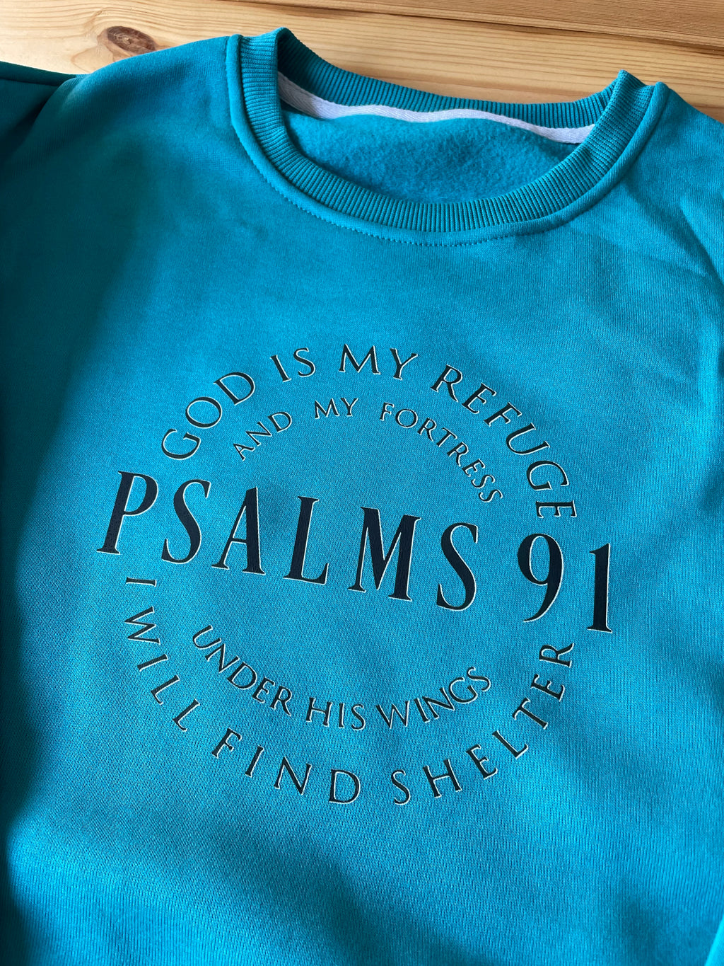 psalms-91-teal-pullover-detail