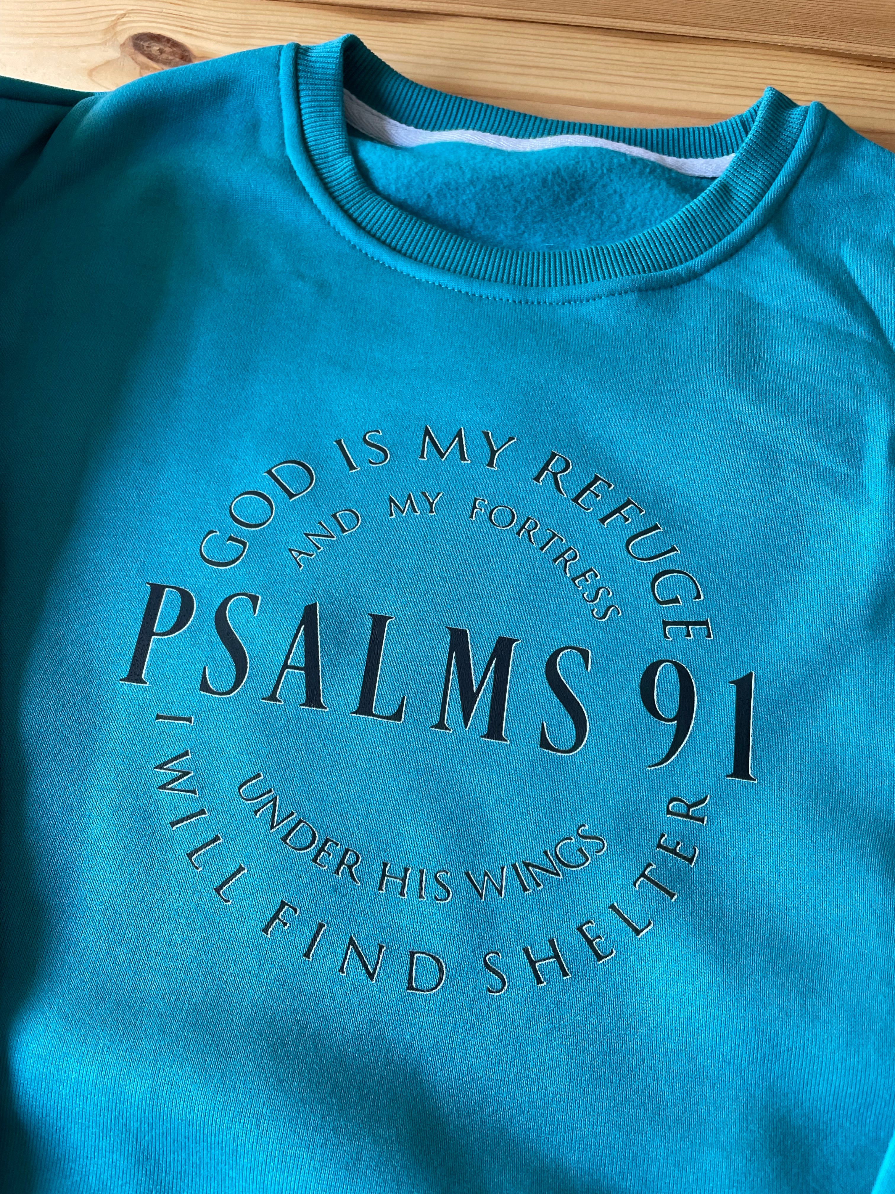 psalms-91-teal-pullover-detail