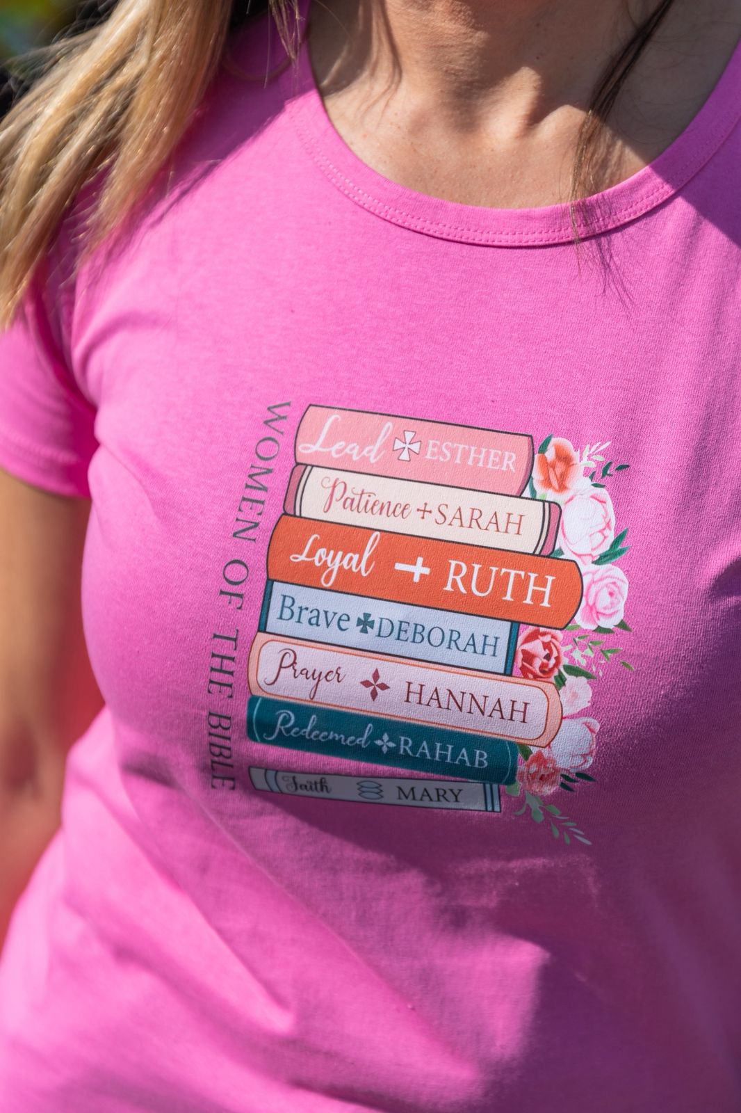 women-of-the-bible-pink-t-shirt-front-detail