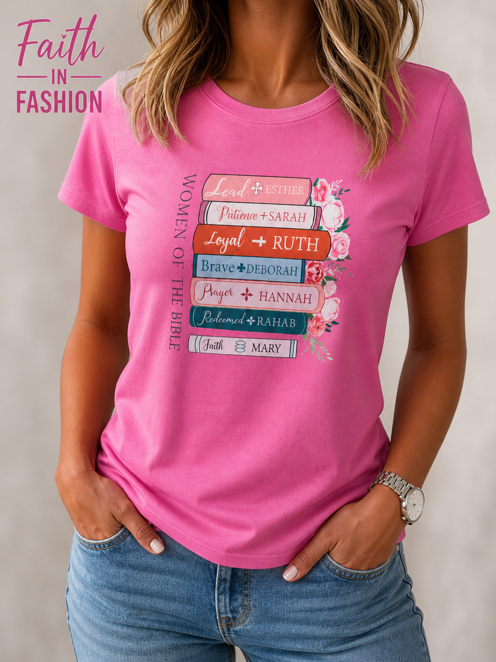 women-of-the-bible-pink-t-shirt-front