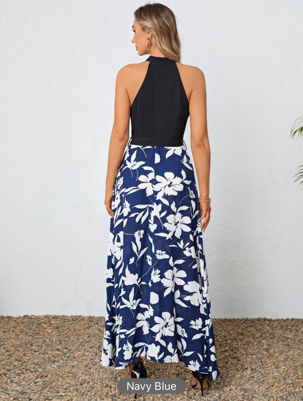 Navy Blue Floral Belted Halter Dress