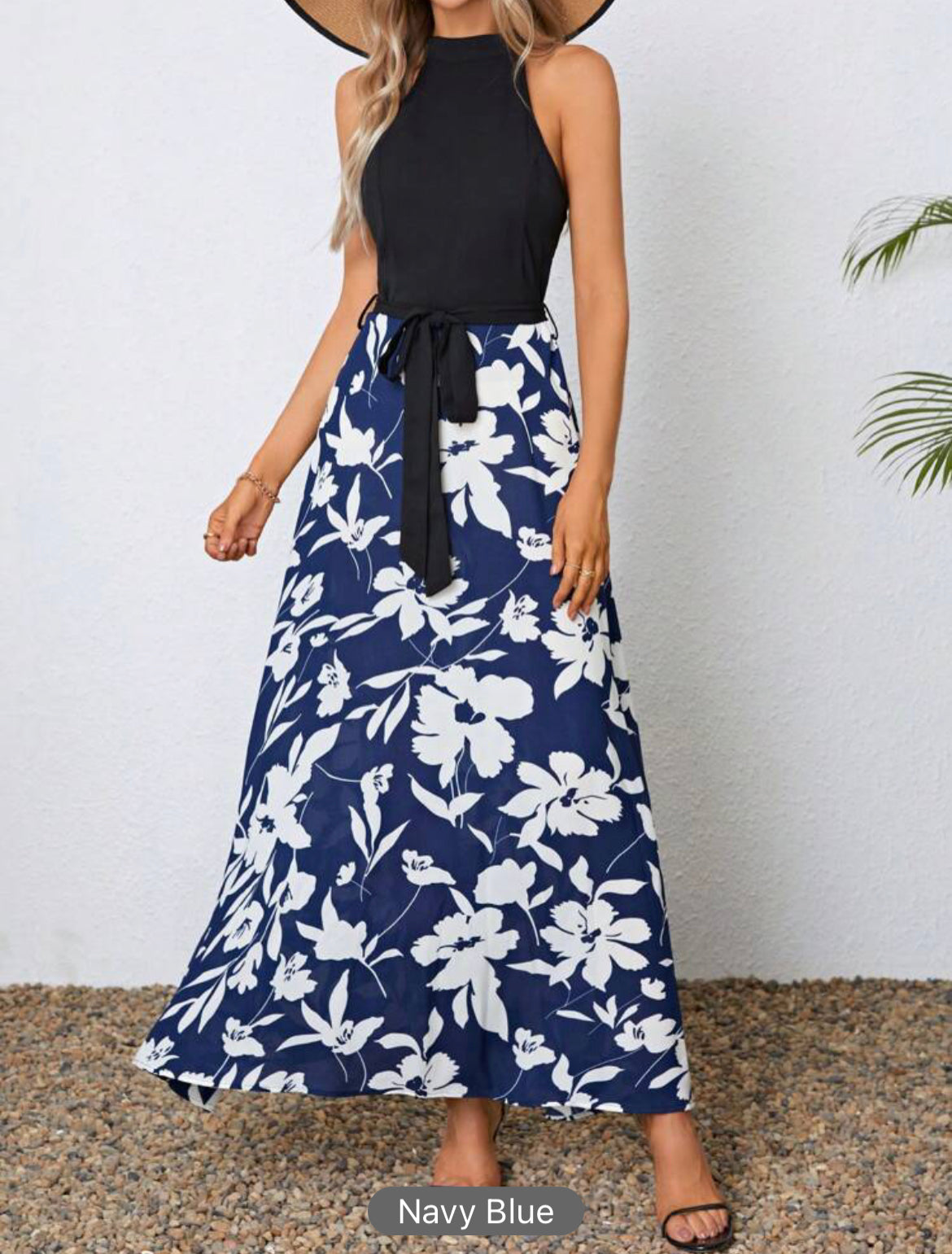 Navy Blue Floral Belted Halter Dress